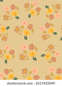 Colorful flowers with leaves on green background for branding, fabric print, wallpaper, social media post, doodle, notes, book covers, wall decor.