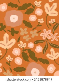 Colorful flowers and leaves on orange background for branding, fabric print, wallpaper, social media post, doodle, notes, book covers, wall decor.