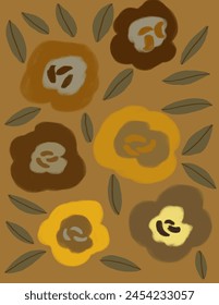 Colorful flowers and leaves on orange background for branding, fabric print, wallpaper, social media post, doodle, notes, book covers, wall decor.