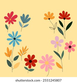 Colorful flowers and leaves on a soft yellow background, modern and abstract style. For designs spring, nature, and decoration.