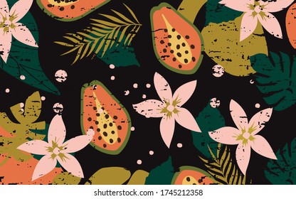 Colorful flowers, leaves and papaya fruit poster background vector illustration. Exotic plants, branches, flowers, leaves art print for beauty and natural products, spa, wellness, fabric and fashion