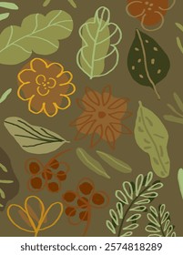 Colorful flowers and leaves pattern on green background illustrations, vector aesthetic for wallpaper, wall decor, templates covers, art prints