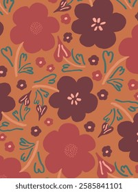 Colorful flowers and leaves pattern on orange background, illustrations, vector aesthetic for wallpaper, wall decor, templates covers, art prints