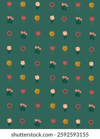 Colorful flowers and leaves pattern on green background, illustrations vector, aesthetic for wallpaper, wall decor, templates covers, art prints. Aesthetic