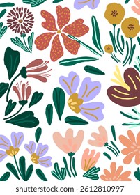 Colorful flowers and leaves pattern on white background, illustrations vector, aesthetic for wallpaper, wall decor, templates covers, art prints. Aesthetic