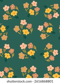 Colorful flowers and leaves pattern on green background, illustrations vector, aesthetic for wallpaper, wall decor, templates covers, art prints. Aesthetic
