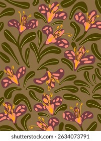 Colorful flowers and leaves pattern on green background, illustrations, vector aesthetic for wallpaper, wall decor, templates covers, art prints