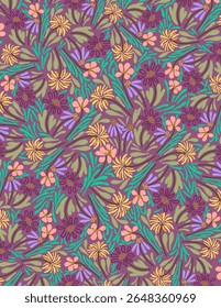 Colorful flowers and leaves pattern on purple background, illustrations, vector aesthetic for wallpaper, wall decor, templates covers, art prints