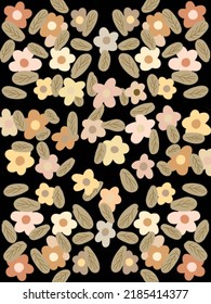 Colorful flowers and leaves patterns on black background for phone case, fabric print, wallpaper, social media post, covers, book covers, wall decor, card, background, templates. Pillow case design.