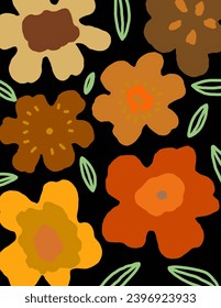 Colorful flowers and leaves patterns on black background for web banner, business presentation, branding package, fabric print, wallpaper, social media post, doodle, notes, book covers, wall decor.