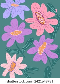 Colorful flowers and leaves patterns on green background for branding package, fabric print, wallpaper, social media post, doodle, notes, book covers, wall decor.