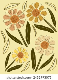 Colorful flowers and leaves patterns on yellow background for branding, fabric print, wallpaper, social media post, doodle, notes, book covers, wall decor.