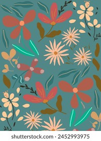 Colorful flowers and leaves patterns on blue background for branding, fabric print, wallpaper, social media post, doodle, notes, book covers, wall decor.
