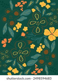 Colorful flowers and leaves patterns on green background for web banner, branding package, fabric print, wallpaper, social media post, doodle, notes, book covers, wall decor.