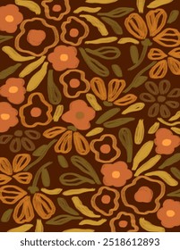 Colorful flowers and leaves patterns on maroon background for web banner, branding package, fabric print, wallpaper, social media post, doodle, notes, book covers, wall decor.