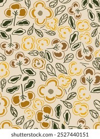 Colorful flowers and leaves patterns on yellow background for web banner, branding package, fabric print, wallpaper, social media post, doodle, notes, book covers, wall decor.