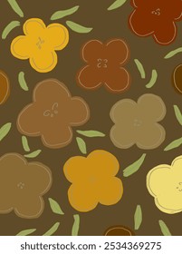 Colorful flowers and leaves patterns on brown background for web banner, business presentation, branding package, fabric print, wallpaper, social media post, doodle, notes, book covers, wall decor.