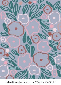 Colorful flowers and leaves patterns on purple background for web banner, branding package, fabric print, wallpaper, social media post, doodle, notes, book covers, wall decor.