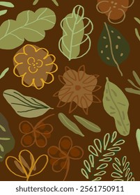 Colorful flowers and leaves patterns on terracotta background for web banner, branding package, fabric print, wallpaper, social media post, doodle, notes, book covers, wall decor.