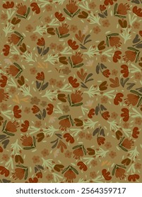 Colorful flowers and leaves patterns on brown background for web banner, branding package, fabric print, wallpaper, social media post, doodle, notes, book covers, wall decor.