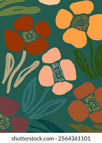 Colorful flowers and leaves patterns on green background for web banner, branding package, fabric print, wallpaper, social media post, doodle, notes, book covers, wall decor.