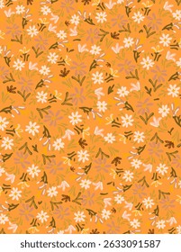 Colorful flowers and leaves patterns on orange background for web banner, branding package, fabric print, wallpaper, social media post, doodle, notes, book covers, wall decor.