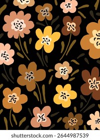 Colorful flowers and leaves patterns on black background for web banner, branding package, fabric print, wallpaper, social media post, doodle, notes, book covers, wall decor.