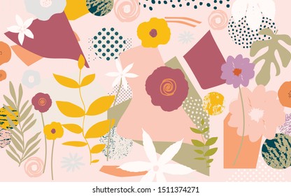 Colorful flowers and leaves poster background vector illustration. Exotic plants, branches, flowers and leaves art print for beauty, fashion and natural products, spa and wellness, wedding and events