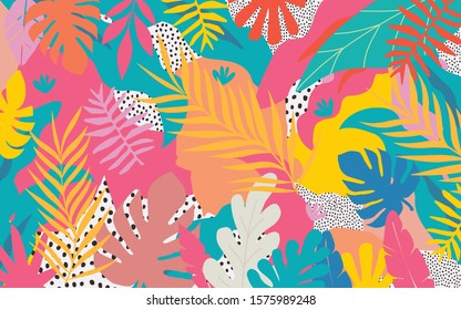 Colorful flowers and leaves poster background vector illustration. Exotic plants, branches, flowers and leaves art print for beauty, fashion and natural products, spa and wellness, wedding and events 