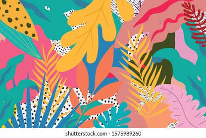Colorful flowers and leaves poster background vector illustration. Exotic plants, branches, flowers and leaves art print for beauty, fashion and natural products, spa and wellness, wedding and events 