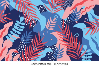 Colorful flowers and leaves poster background vector illustration. Exotic plants, branches, flowers and leaves art print for beauty, fashion and natural products, spa and wellness, wedding and events 