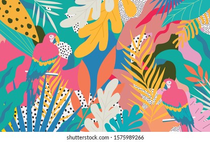 Farbige Blumen und Blätter Poster Hintergrund mit Papageien Vektorillustration Illustration Design. Exotische tropische Pflanzen Kunstdrucke für Reise und Urlaub, Mode, Spa und Wellness, Hochzeit und Veranstaltungen 