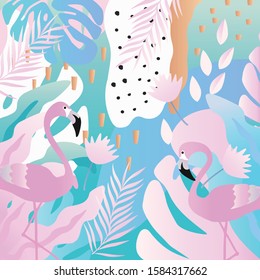Colorful flowers and leaves poster background with flamingos vector illustration design. Exotic tropical plants art print for travel and holiday, fashion, spa and wellness, wedding and events