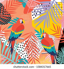 Colorful flowers and leaves poster background with parrots vector illustration design. Exotic tropical plants art print for travel and holiday, fashion, spa and wellness, wedding and events