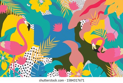 Colorful flowers and leaves poster background with flamingos vector illustration design. Exotic tropical plants art print for travel and holiday, fashion, spa and wellness, wedding and events