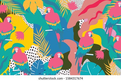 Colorful flowers and leaves poster background with parrots vector illustration design. Exotic tropical plants art print for travel and holiday, fashion, spa and wellness, wedding and events