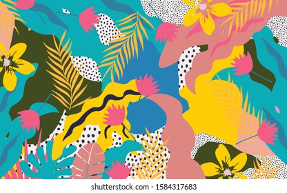 Colorful flowers and leaves poster background vector illustration. Exotic plants, branches, flowers and leaves art print for beauty, fashion and natural products, spa and wellness, wedding and events 