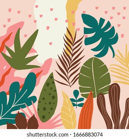 Colorful flowers and leaves poster background vector illustration. Exotic plants, branches, flowers and leaves art print for beauty, fashion and natural products, spa and wellness, wedding and events