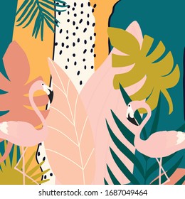 Colorful flowers and leaves poster background with flamingos vector illustration design. Exotic tropical plants art print for travel and holiday, fashion, spa and wellness, wedding and events