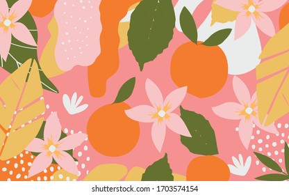 Colorful flowers and leaves poster background vector illustration. Exotic plants, branches, flowers, leaves and oranges art print for fashion and natural products, spa, wellness, weddings and events