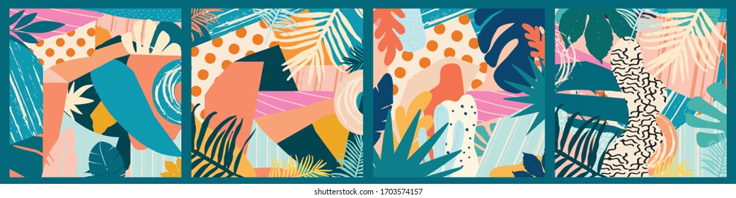 Colorful flowers and leaves poster background vector illustration. Exotic plants, branches, flowers and leaves art print for beauty, fashion and natural products, spa and wellness, wedding and events