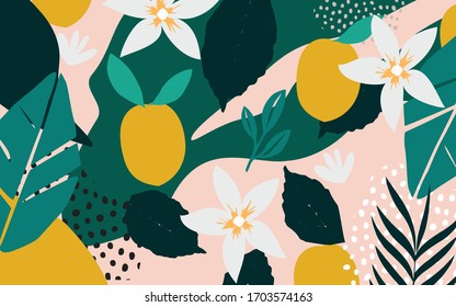 Colorful flowers and leaves poster background vector illustration. Exotic plants, branches, flowers, leaves and lemons art print for fashion and natural products, spa and wellness, weddings and events