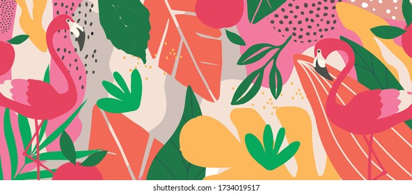 Farbenfrohe Blumen und Blätter Poster Hintergrund mit Flamingos Vektor Illustration Design. Exotische tropische Kunstdrucke für Reise und Urlaub, Stoff, Mode, Spa und Wellness