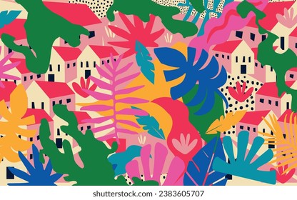 Colorful flowers and leaves poster background vector illustration. Exotic plants, branches, flowers and leaves art print for beauty, fashion and natural products, spa and wellness, wedding and events