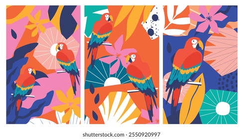 Colorful flowers and leaves poster background with parrots vector illustration design. Exotic tropical plants art print for travel and holiday, fashion, spa and wellness, wedding and events