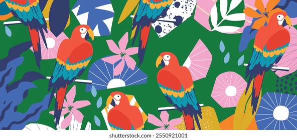 Colorful flowers and leaves poster background with parrots vector illustration design. Exotic tropical plants art print for travel and holiday, fashion, spa and wellness, wedding and events