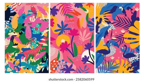 Colorful flowers and leaves poster background vector illustration. Exotic plants, branches, flowers and leaves art print for beauty, fashion and natural products, spa and wellness, wedding and events