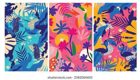Colorful flowers and leaves poster background vector illustration. Exotic plants, branches, flowers and leaves art print for beauty, fashion and natural products, spa and wellness, wedding and events