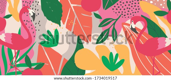 Colorful Flowers Leaves Poster Background Flamingos Stock Vector