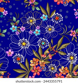 colorful flowers and leaves in spring On a seamless navy blue background for digital printing, textiles, wallpaper.